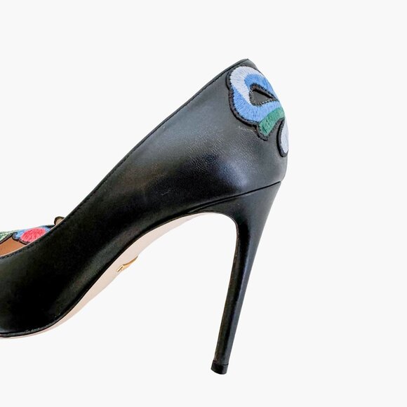 Gucci Ophelia Floral-Embroidered Pump EU 38 US 8 Black Leather High Heel Pointed - Picture 14 of 15